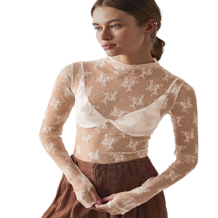 NOVY™ - Lace Mesh Long Sleeve Fitted Blouse